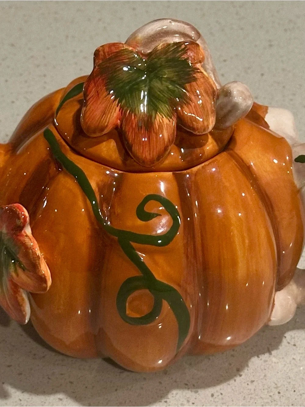 Glossy Orange Ceramic Pumpkin Teapot  with Green Vine Accent and Lid